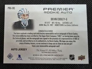 2024-25 UD Premier Rookie Auto Jersey Devin Cooley #PRA-DC /99 back