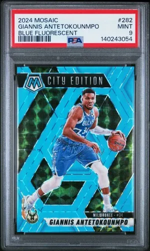 2024 Panini Mosaic Giannis Antetokounmpo Blue Fluorescent /75 PSA 9 front