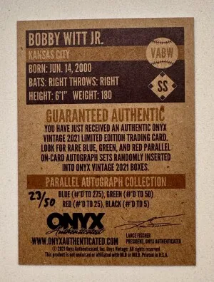 2021 Onyx Vintage Bobby Witt Jr. Auto Inscription Blue Ink /50 back