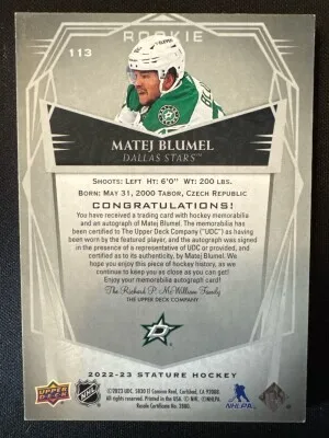 2022-23 Stature Matej Blumel Rookie Patch Auto /10 back