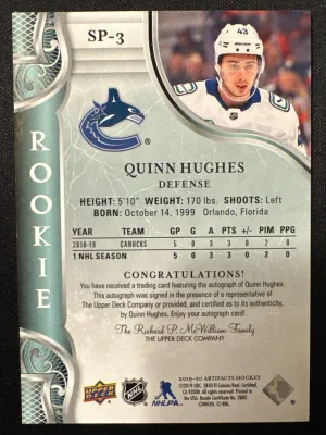 2019-20 Upper Deck Artifacts Quinn Hughes Rookie Auto /25 back