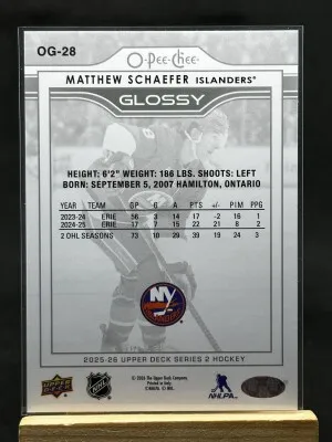 Matthew Schaefer 2025-26 Series 2 O-Pee-Chee Glossy back