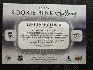 2023-24 Upper Deck The Cup Rookie Rink Gallery 09/35 Luke Evangelista Patch back