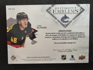 Cole McWard 2023-24 UD Ultimate Collection Ultimate Emblems Rookie Auto Gold /99 back