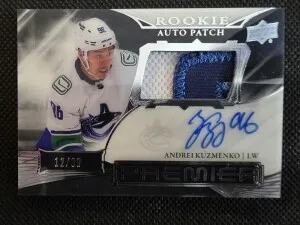 2023-24 Upper Deck Premier Rookie Auto Patch Andrei Kuzmenko Rookie Auto TRI Color Patch /99 front