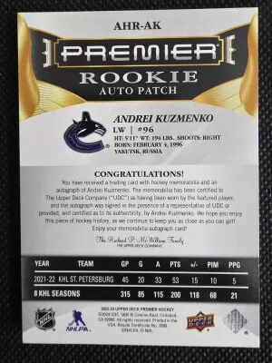 2023-24 Upper Deck Premier Rookie Auto Patch Andrei Kuzmenko Rookie Auto TRI Color Patch /99 back