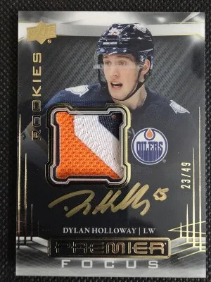 2022-23 UD Premier Rookies Auto Patch Dylan Holloway Gold /49 front