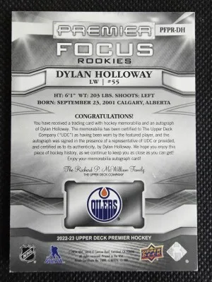 2022-23 UD Premier Rookies Auto Patch Dylan Holloway Gold /49 back