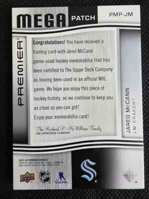 2023-24 Premier Mega Patch Chest Logo #PMP-MJ Jared McCann 11/28 back