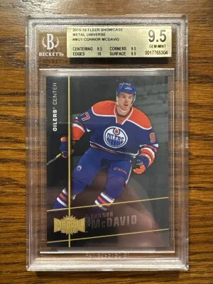 2015-16 Fleer Showcase Connor McDavid Metal Universe Base Rookie BGS 9.5 Oilers front