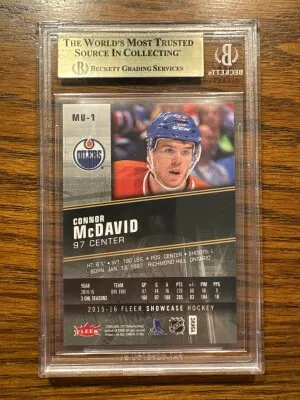 2015-16 Fleer Showcase Connor McDavid Metal Universe Base Rookie BGS 9.5 Oilers back
