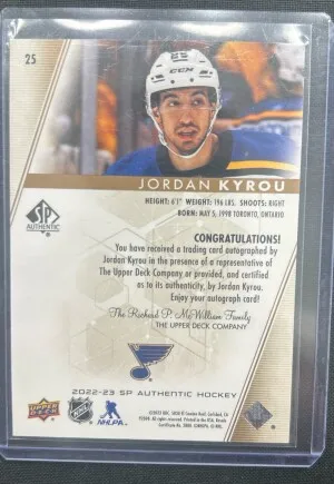 Jordan Kyrou SP Authentic On Card Auto #25 back