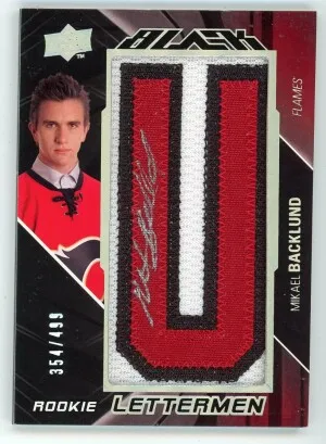 2009-10 UD Black Mikael Backlund Rookie Lettermen Autograph Patch "U" /499 front
