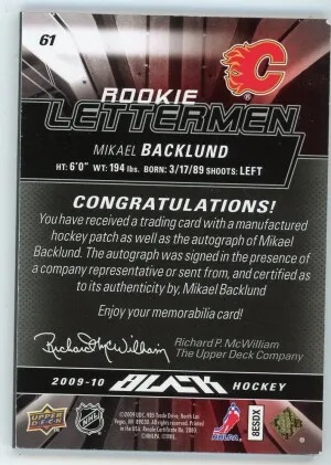 2009-10 UD Black Mikael Backlund Rookie Lettermen Autograph Patch "U" /499 back
