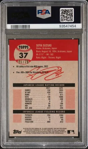 2022 Topps Chrome Platinum Anniversary Seiya Suzuki Rose Gold Refractor /75 PSA 9 back