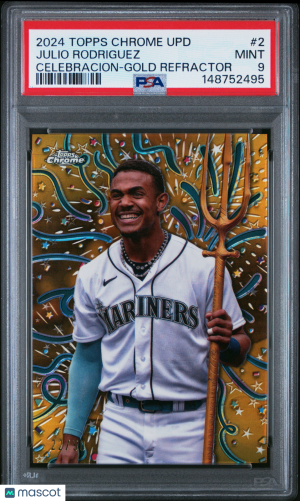 2024 Topps Chrome Celebracion Baseball Julio Rodriguez #2 Gold Ref 22/50 PSA 9 front