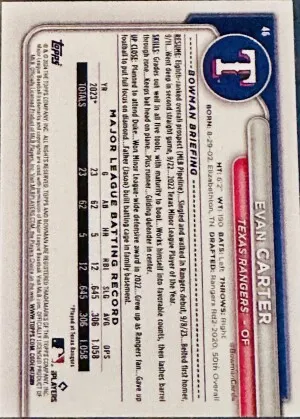 Evan Carter 2024 Bowman RC #46 Texas Rangers Rookie back