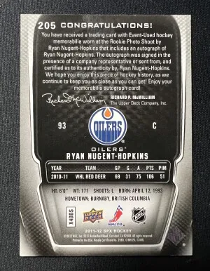 2011-12 Upper Deck SPx Rookie Ryan Nugent-Hopkins 53/499 Jersey Patch back