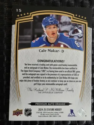 2024-25 Stature Cale Makar #15 Premium Auto Orange /15 back