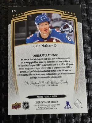 2024-25 Stature Cale Makar #15 Auto Patch Red /25 back