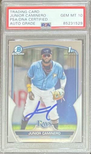 2023 Bowman Chrome 1st Junior Caminero PSA Certified Autographed front