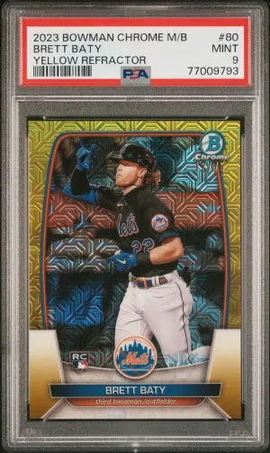 2023 Bowman Mega Box Chrome Brett Baty /75 PSA 9 Chrome-Yellow Refractor front