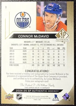 2024-25 SP Authentic Connor McDavid Limited Black Gold Ink Auto SSP back