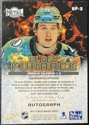 2024-25 Metal Universe Macklin Celebrini Blast Furnace Rookie Auto back