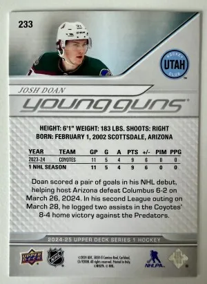 2024 Upper Deck Series 1 Young Guns Josh Doan Silver Rookie back