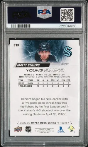 2022 Upper Deck Matty Beniers Young Guns Rookie PSA 10 back