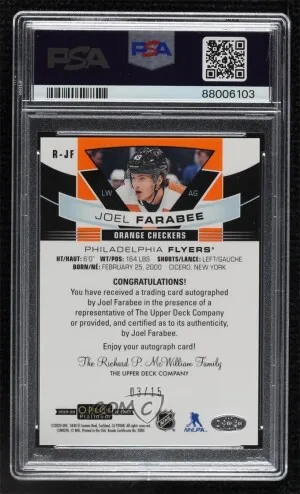 2019-20 O-Pee-Chee Platinum Rookie Autos Orange Checkers Joel Farabee PSA 10 back
