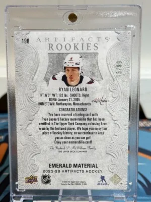 2025-26 Artifacts Ryan Leonard Emerald Material /99 back