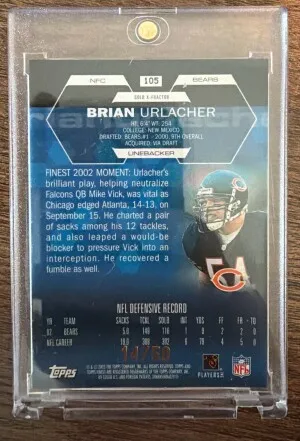 2003 Topps Finest Brian Urlacher Game Worn Jersey Patch Gold /50 back