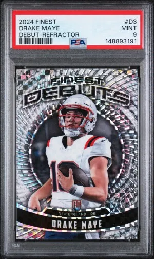 2024 Topps Finest DRAKE MAYE Rookie Card RC RARE SSP DEBUT REFRACTOR #D-3 - GRADED PSA 9 MINT - New England Patriots front