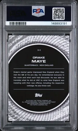 2024 Topps Finest DRAKE MAYE Rookie Card RC RARE SSP DEBUT REFRACTOR #D-3 - GRADED PSA 9 MINT - New England Patriots back