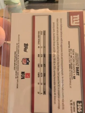 2025 Topps Chrome Jaxson Dart #306 RayWave Refractor RC New York Giants SP back