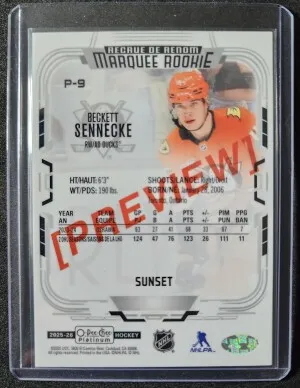 Beckett Sennecke Sunset Preview Platinum Marquee Rookie back