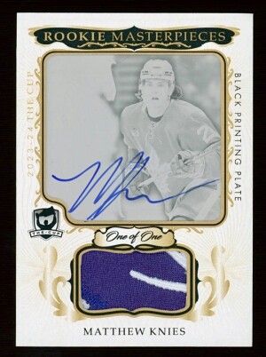 Matthew Knies 2023-24 Upper Deck The Cup - 1/1 RPA ROOKIE PATCH AUTOGRAPH PRINTING PLATE /1 BLUE INK Rookie Masterpiece Grail front