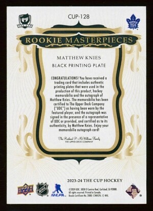 Matthew Knies 2023-24 Upper Deck The Cup - 1/1 RPA ROOKIE PATCH AUTOGRAPH PRINTING PLATE /1 BLUE INK Rookie Masterpiece Grail back