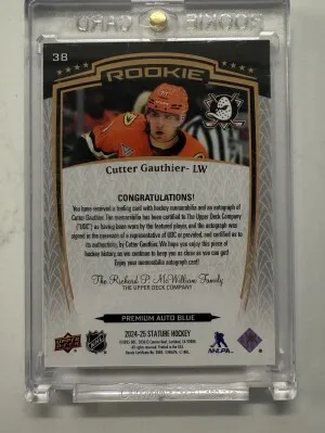 Cutter Gauthier Stature Rookie Patch Auto /10 back