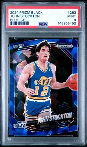 2024 Panini Prizm Black John Stockton Blue Ice Prizm /125 PSA 9 front