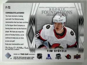 2020 Upper Deck The Cup Rookie Foundations Tim Stützle Quad Jersey Patch /99 back