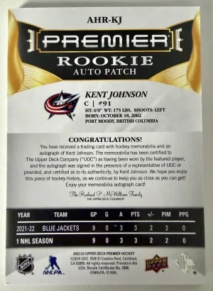 2024 Upper Deck Premier Kent Johnson Rookie Auto Patch 90/99 back