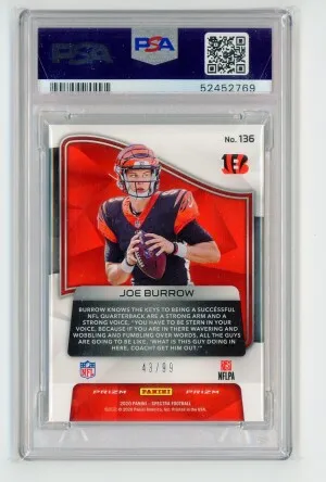 2020 Panini Spectra JOE BURROW Rare TRUE Rookie Card RC #/99 SILVER PRIZM - GRADED PSA 10 GEM MINT - Cincinnati Bengals back