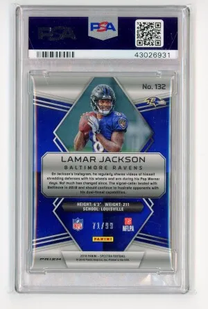 2018 Panini Spectra LAMAR JACKSON Rare TRUE Rookie Card RC #/99 SILVER PRIZM - GRADED PSA 10 GEM MINT - Baltimore Ravens back