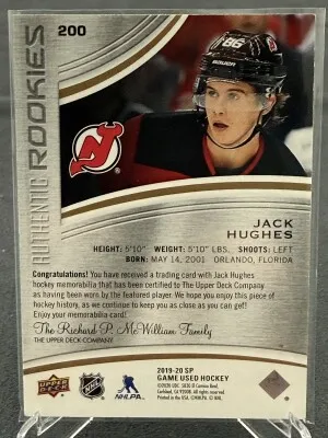 2019-20 SP Game Used - Jack Hughes - Authentic Rookies (Jersey) - 26/599 - 200 back