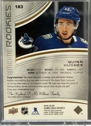 2019-20 SP Game Used - Quinn Hughes - Authentic Rookies (Jersey) - 454/599 - 183 back