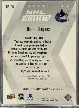 2025-26 Artifacts - Quinn Hughes - NHL Remnants - NR-25 back