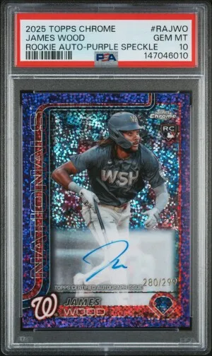 2025 Topps Chrome Rookie Autographs James Wood Rookie Auto-Purple Speckle /299 front