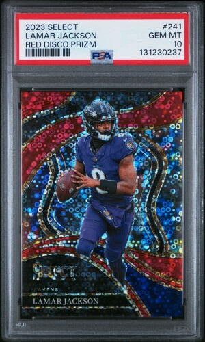 2023 Panini Select Lamar Jackson Red Disco Prizm PSA 10 front